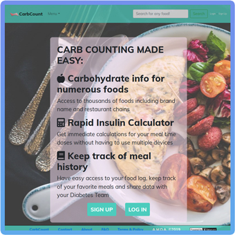 A carb counting web app with tasty food in the background.